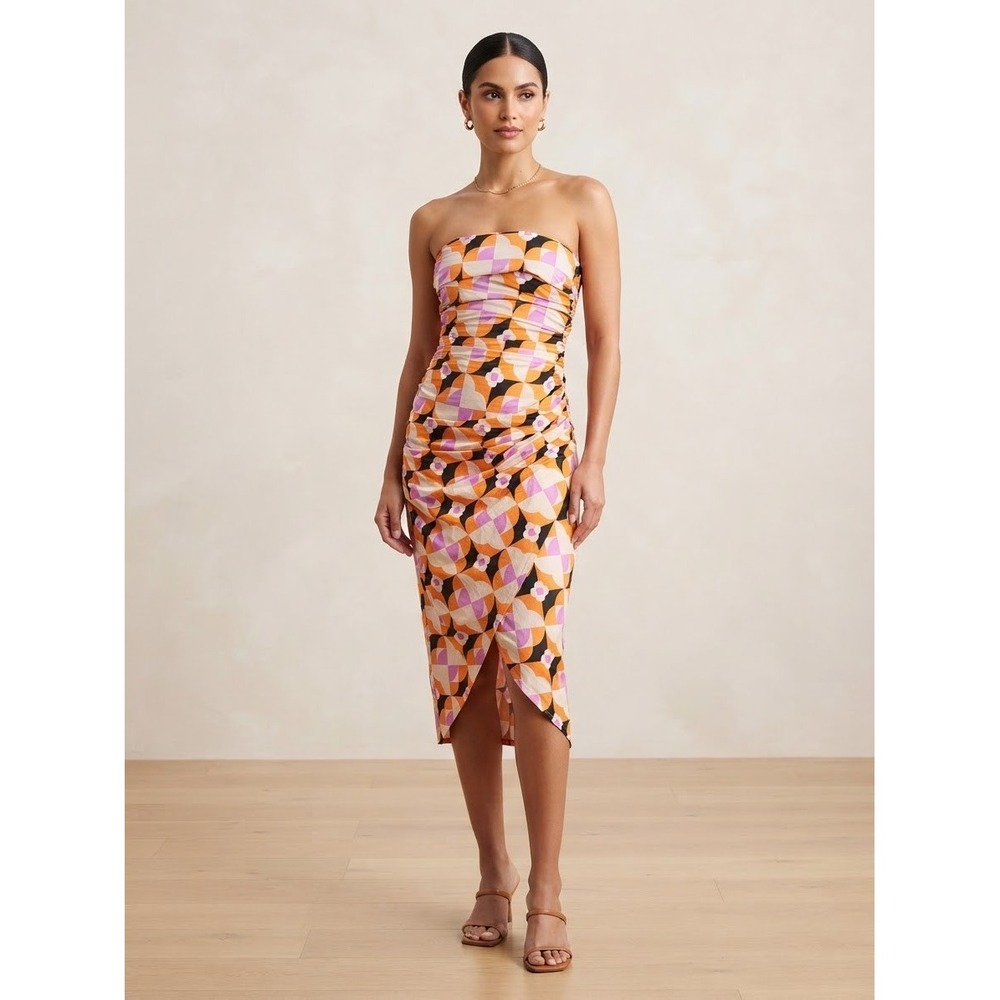 Anthropologie Women Dress XS Orange Pink Geometric Ruched Strapless Midi Wrap